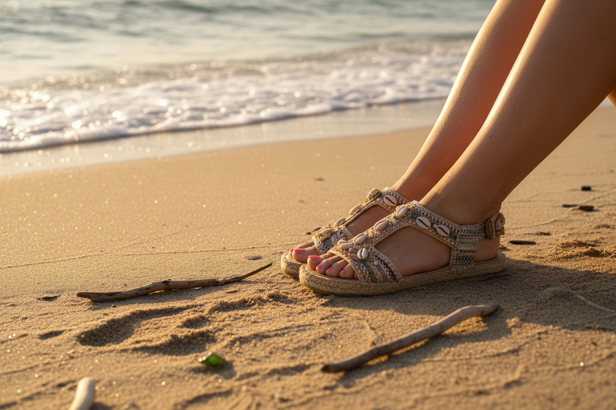 Sandals with shell embellishments on a sunlit sandy beach.