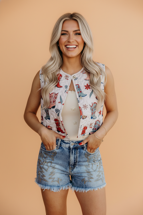 Embroidered Studded Denim Shorts