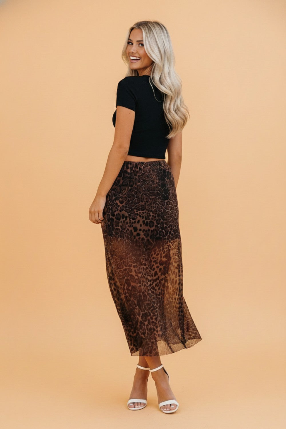 Leopard Print Sheer Mesh Maxi Skirt