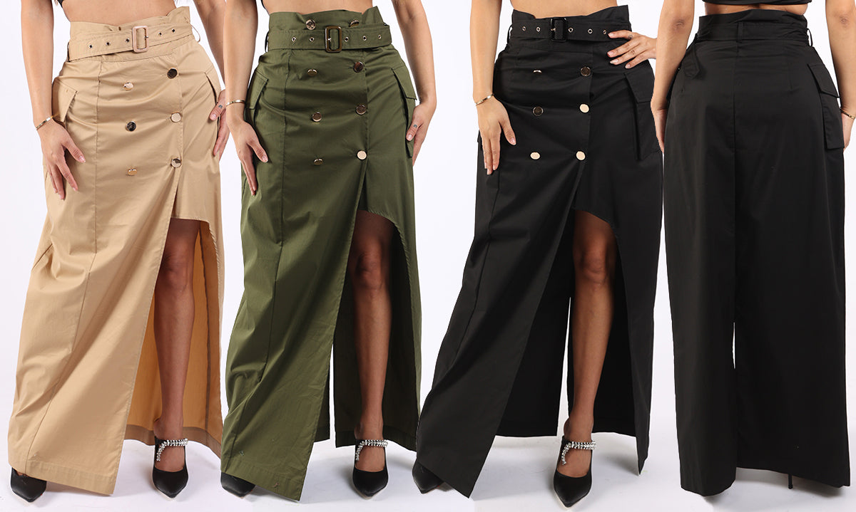 Asymmetric Self-Belted Maxi Skirt with Pockets