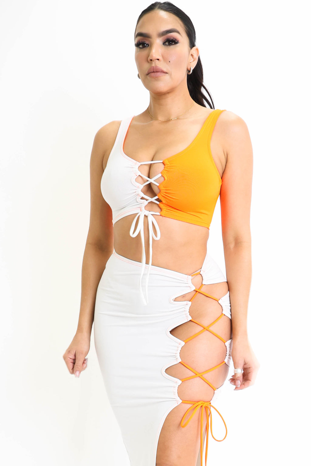 Lace-Up Top & Maxi Skirt Set