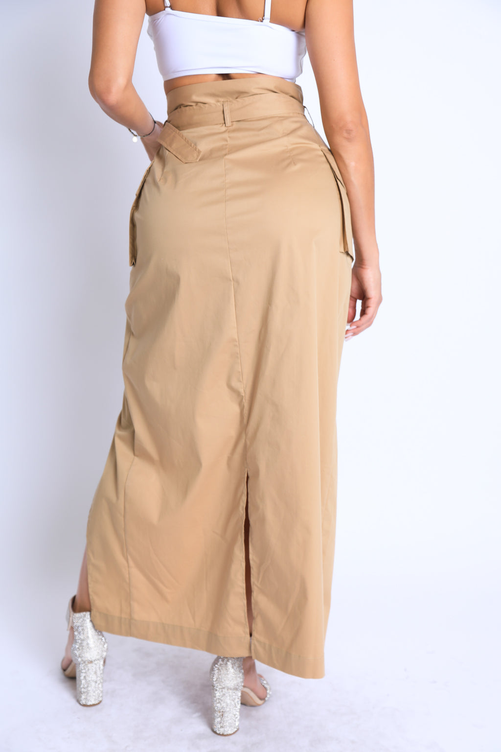 Asymmetric Self-Belted Maxi Skirt with Pockets