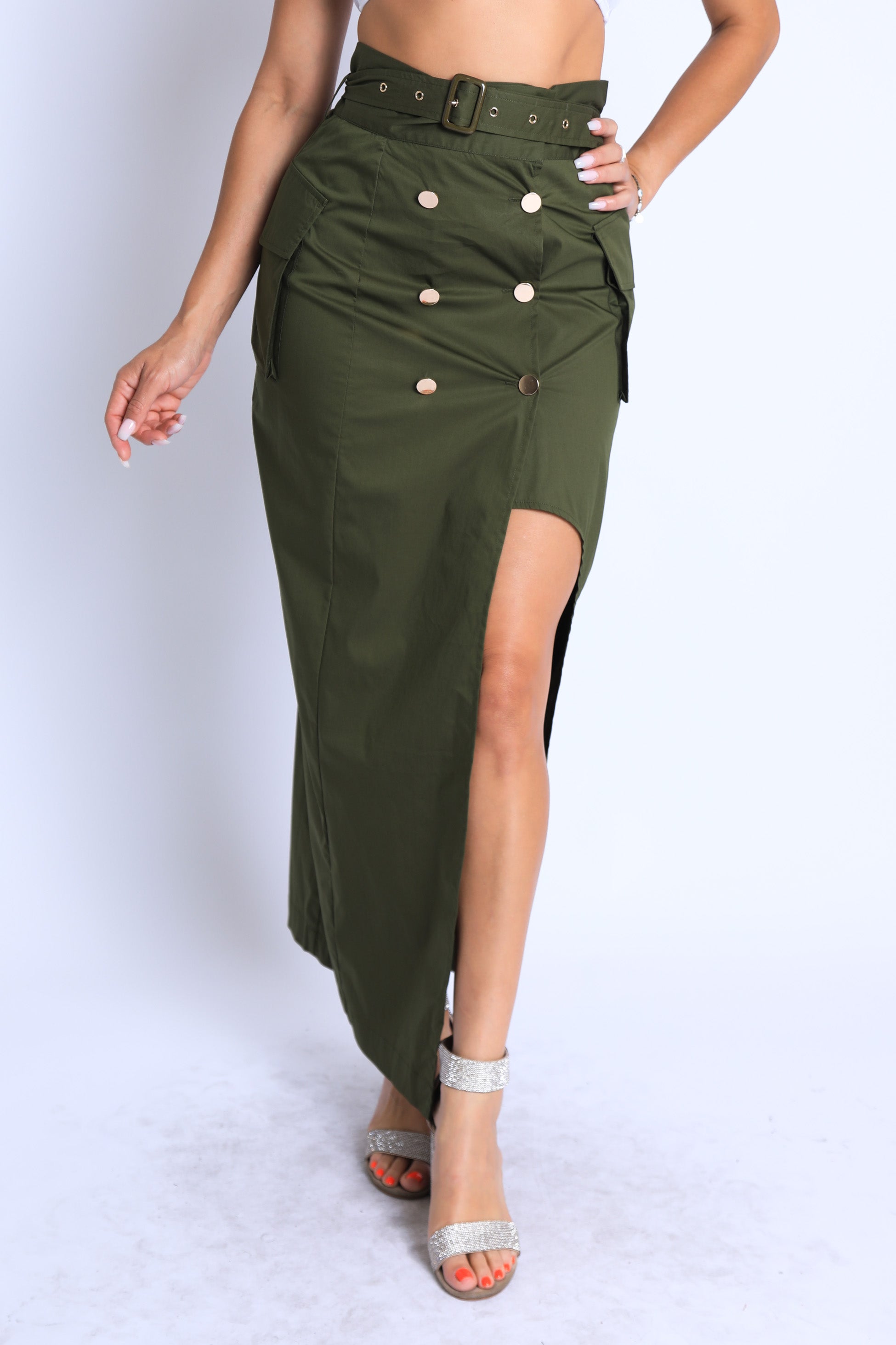 Asymmetric Self-Belted Maxi Skirt with Pockets