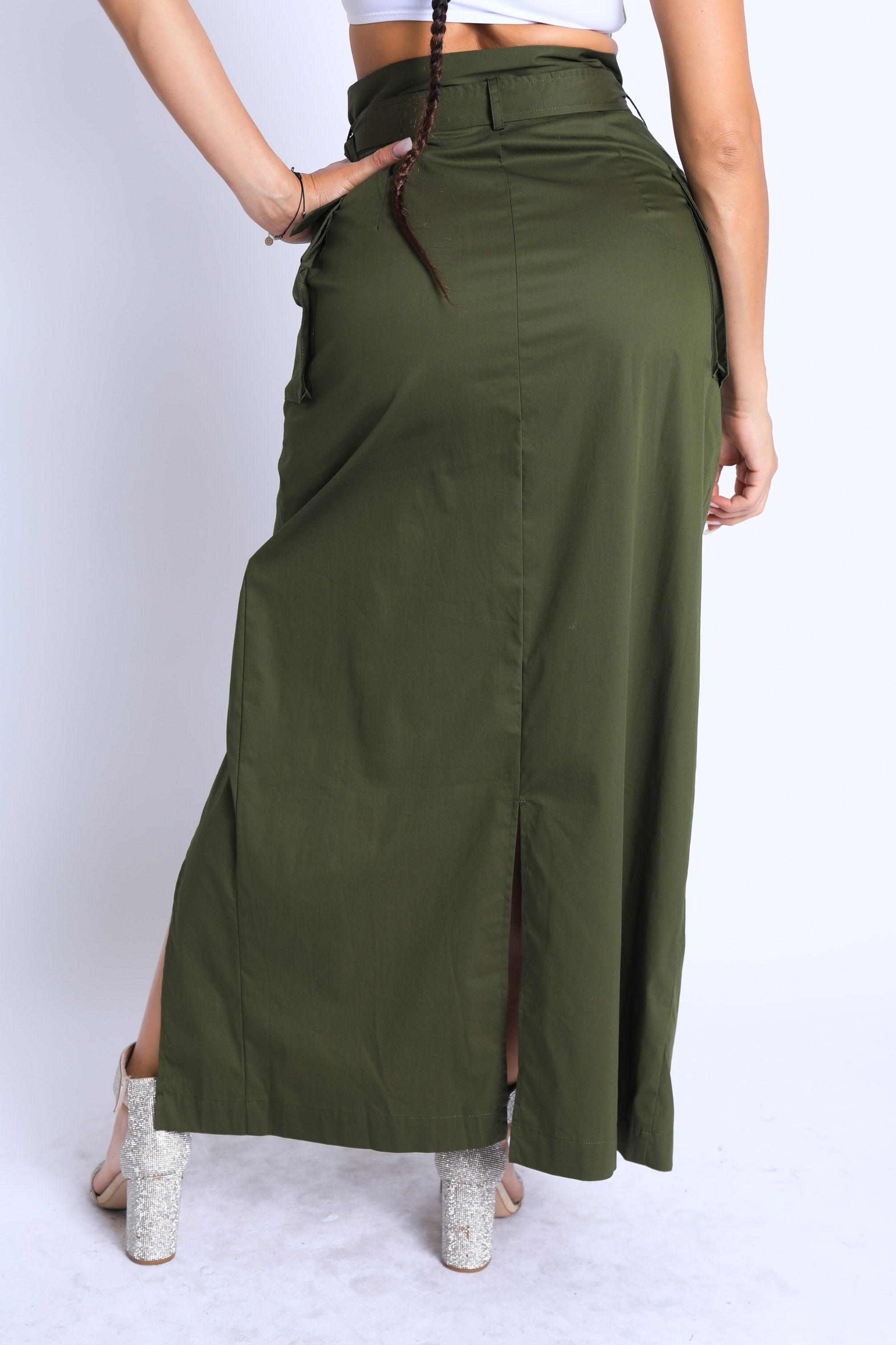 Asymmetric Self-Belted Maxi Skirt with Pockets